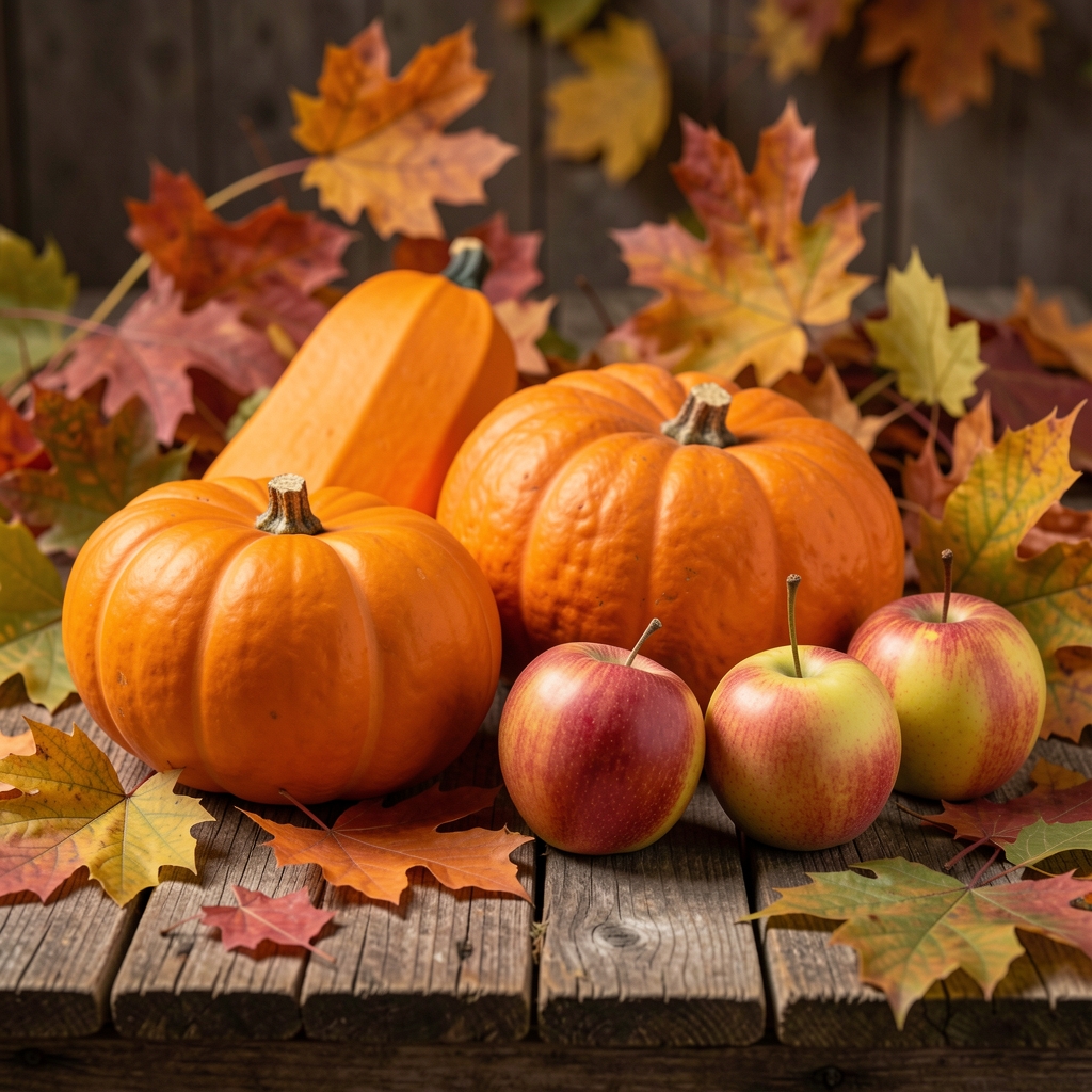 Sveži sezonski plodovi jeseni — bundeva, tikva, šipak i kruške složeni na rustičnoj drvenoj površini s lišćem u pozadini