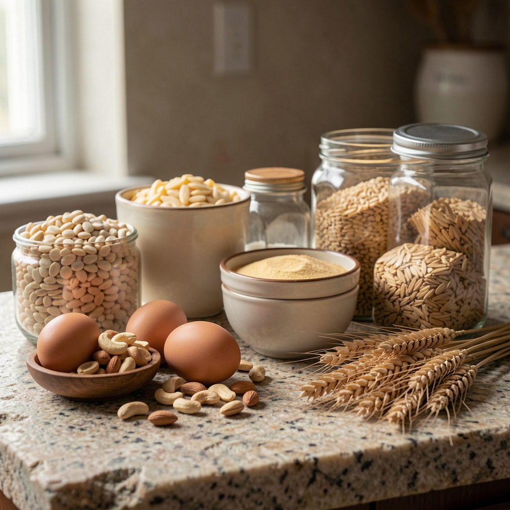 Raznovrsni svakodnevni namirnici koji sadrže proteine, masti i ugljene hidrate — jaja, orasi, mahunarke i integralne žitarice na kamenom pultu