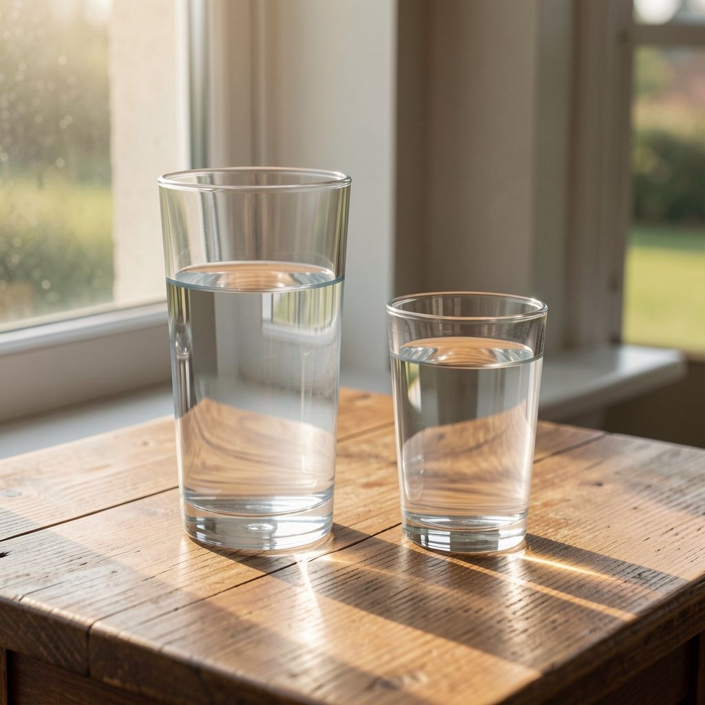 Staklena boca vode i čaša sa svežom vodom na drvenom stolu pored prozora uz jutarnje sunčevo svetlo