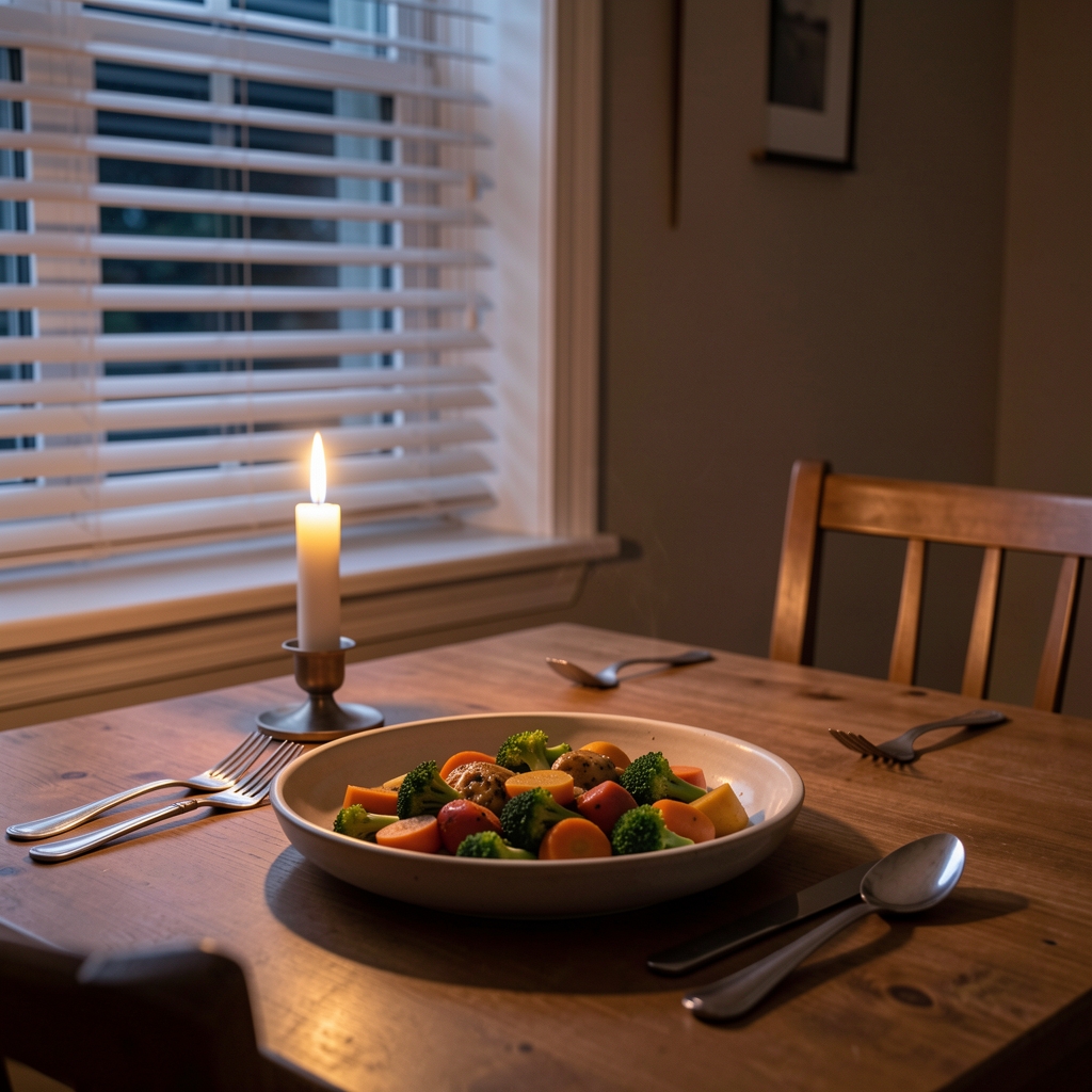 Mirna noćna scena — tanjir laganog večernjeg obroka sa povrćem na stolu pored upaljene sveće i zatvorenih roletni