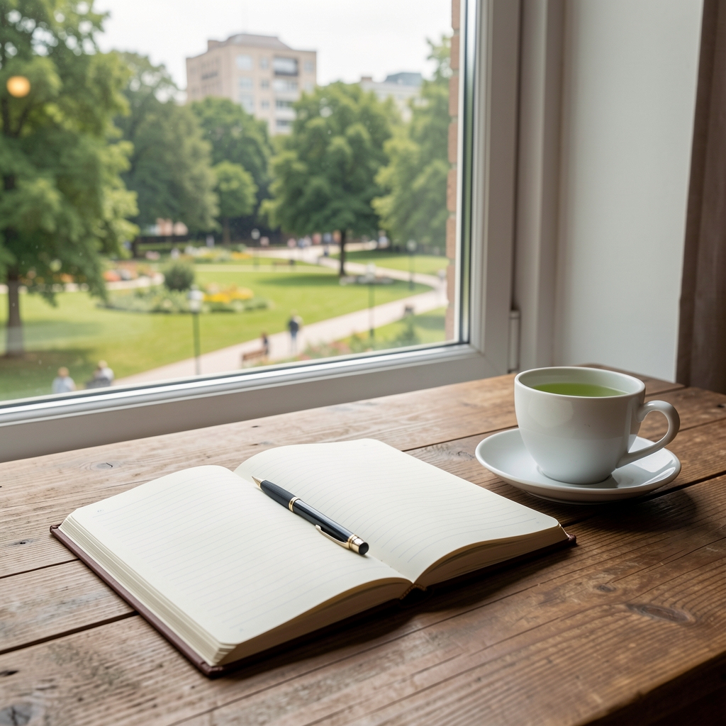 Otvorena bilježnica na drvenom stolu sa olovkom i šoljicom zelenog čaja pored prozora koji gleda na gradsko zelenilo