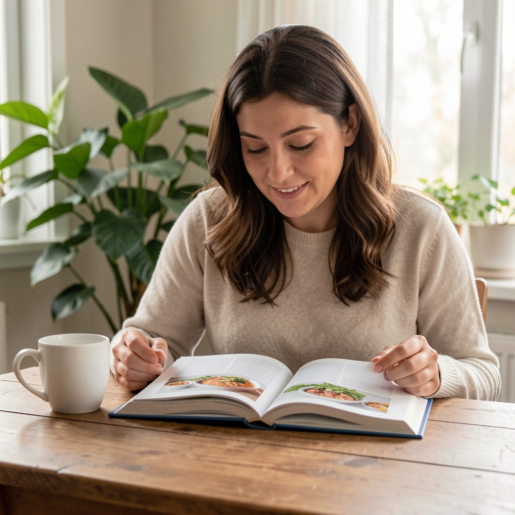 Mirna scena čitanja knjige o ishrani na drvenom stolu sa belom šoljom i listovima biljke u pozadini