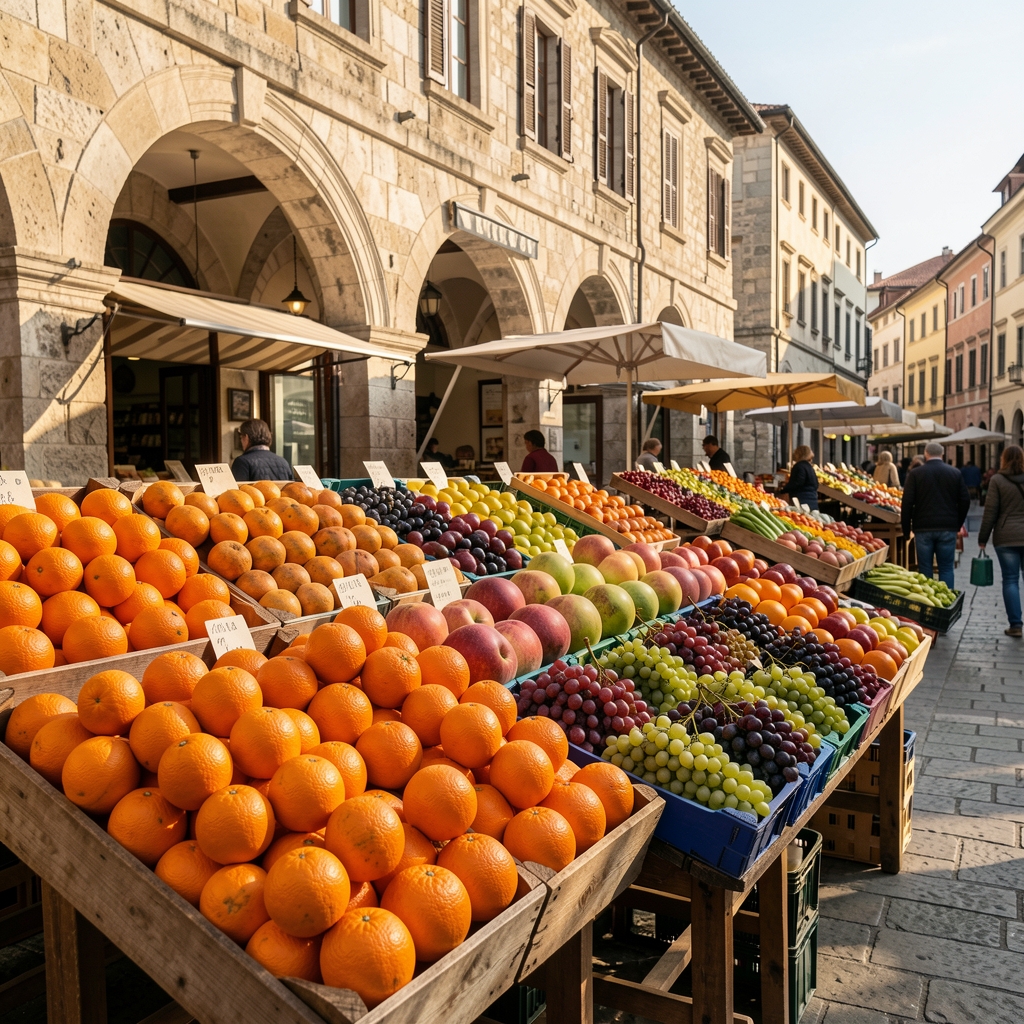 Stara kamena tržnica sa nizovima sveže narandže, dinje i grožđa u jutarnjoj svetlosti