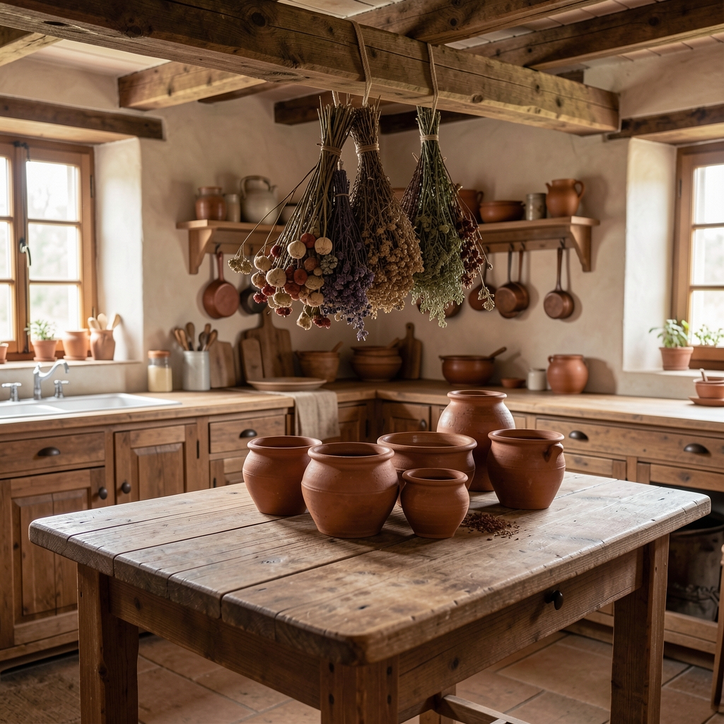 Rustični drveni sto sa glinenim posudama i sušenim začinskim biljem obješenim o gredu u seoskoj kuhinji