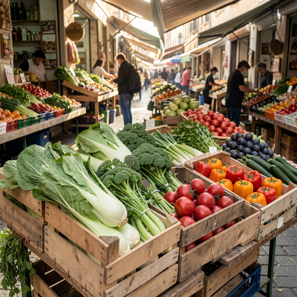 Pijaca sa svježim povrćem — kupus, cvekla i paradajz složeni u drvene sanduke na otvorenom